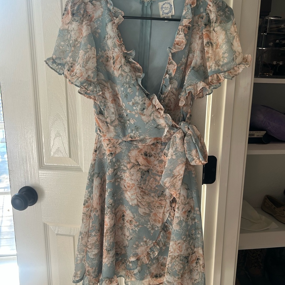 Blue Rain Floral Ruffle Mini Dress